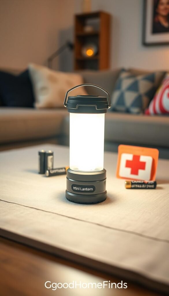 A cozy indoor setting featuring a compact mini lantern emergency light, showcasing its sleek design and warm LED glow. The lantern should be positioned prominently in the foreground on a clean, wooden surface with a soft, textured fabric underneath. In the middle ground, include a subtle arrangement of emergency supplies like batteries and a small first aid kit, emphasizing preparedness for power outages. In the background, add a softly blurred living room ambiance, with a couch and ambient lighting to create a warm, inviting atmosphere. Use bright, natural lighting to highlight the lantern's details, captured with a shallow depth of field to keep the focus sharp on the lantern while gently blurring the background. Style it in a Pinterest-inspired aesthetic, with the brand name "GoodHomeFinds" subtly integrated into the scene without any text overlay.