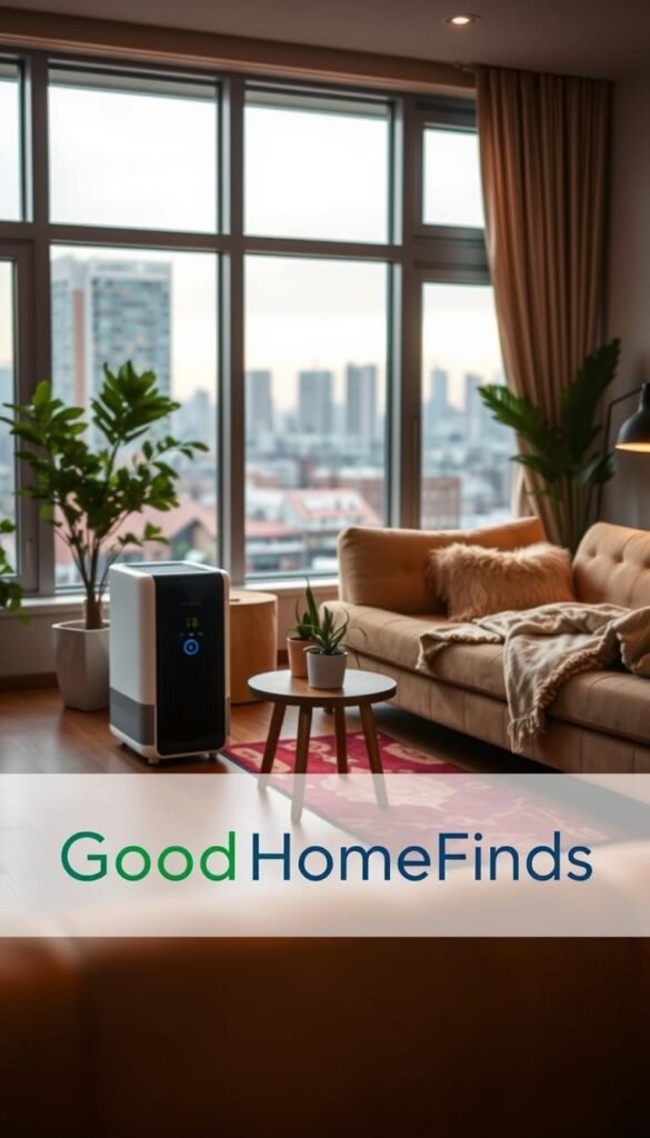 A cozy indoor setting featuring a modern living room with large windows allowing natural light to flood in. In the foreground, a stylish air purifier sits elegantly on a small side table next to a potted plant, symbolizing indoor air quality improvement. The middle ground showcases inviting furniture with soft textures, such as a plush sofa and a colorful rug, creating a warm atmosphere. In the background, a view of a cityscape through the windows suggests the outside air quality contrast, linking the indoor space to the outside world. The lighting is soft and ambient, enhancing the peaceful mood. Include the brand name "GoodHomeFinds" subtly integrated into the decor. The scene should feel fresh, clean, and inviting, illustrating the importance of maintaining good air quality indoors. A cozy indoor setting featuring a modern living room with large windows allowing natural light to flood in. In the foreground, a stylish air purifier sits elegantly on a small side table next to a potted plant, symbolizing indoor air quality improvement. The middle ground showcases inviting furniture with soft textures, such as a plush sofa and a colorful rug, creating a warm atmosphere. In the background, a view of a cityscape through the windows suggests the outside air quality contrast, linking the indoor space to the outside world. The lighting is soft and ambient, enhancing the peaceful mood. Include the brand name "GoodHomeFinds" subtly integrated into the decor. The scene should feel fresh, clean, and inviting, illustrating the importance of maintaining good air quality indoors.