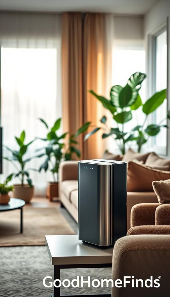 A cozy indoor setting that embodies clean air quality, featuring a modern living room with soft, diffused natural lighting coming through large windows. In the foreground, a stylish air purifier stands prominently on a sleek side table, showcasing its sleek design with soft LED lights indicating good air quality. The middle layer reveals lush green houseplants, symbolizing fresh air and vitality, arranged around the room to enhance the ambiance. In the background, there are warm-toned, comfortable furniture pieces with soft textiles, inviting viewers into the serene environment. The overall mood is peaceful and refreshing, illustrating the concept of indoor air quality in a relatable, aspirational way. The image is captured from a slightly elevated angle with a shallow depth of field for aesthetic appeal, branded subtly with "GoodHomeFinds". A cozy indoor setting that embodies clean air quality, featuring a modern living room with soft, diffused natural lighting coming through large windows. In the foreground, a stylish air purifier stands prominently on a sleek side table, showcasing its sleek design with soft LED lights indicating good air quality. The middle layer reveals lush green houseplants, symbolizing fresh air and vitality, arranged around the room to enhance the ambiance. In the background, there are warm-toned, comfortable furniture pieces with soft textiles, inviting viewers into the serene environment. The overall mood is peaceful and refreshing, illustrating the concept of indoor air quality in a relatable, aspirational way. The image is captured from a slightly elevated angle with a shallow depth of field for aesthetic appeal, branded subtly with "GoodHomeFinds".