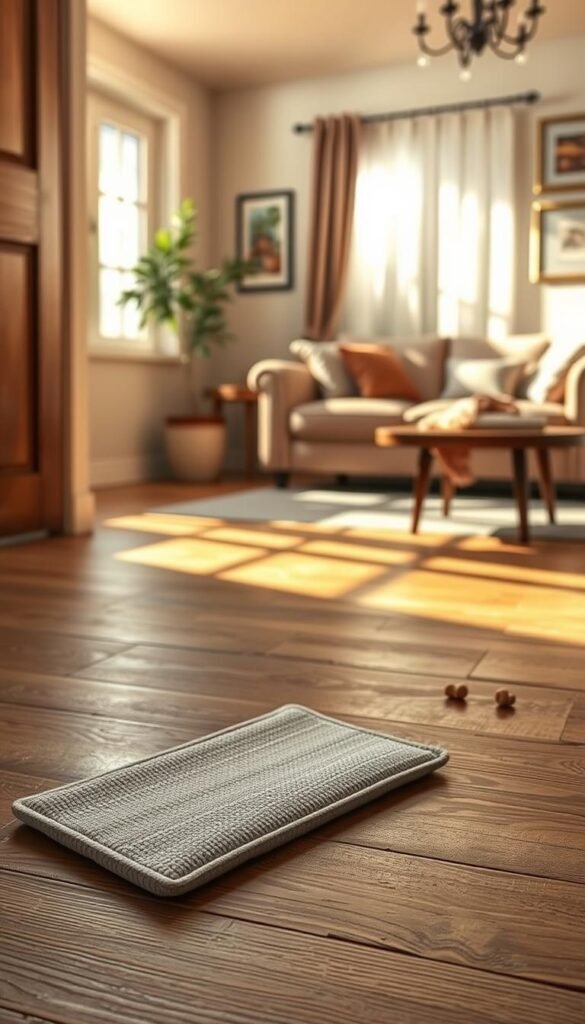 A cozy interior scene featuring a basic draft stopper designed for doors and windows, prominently displayed on a rustic wooden floor. In the foreground, the draft stopper showcases a textured fabric pattern, emphasizing its utility and comfort. In the middle ground, a softly lit window with sheer curtains allows warm daylight to filter through, casting gentle shadows that create a welcoming atmosphere. In the background, a stylish living room setup with a plush sofa and decorated walls enhances the sense of home comfort. The overall mood is warm and inviting, perfect for illustrating a lifestyle enhanced by practical home solutions. The brand "GoodHomeFinds" is subtly suggested through the warm color palette and stylish design.
