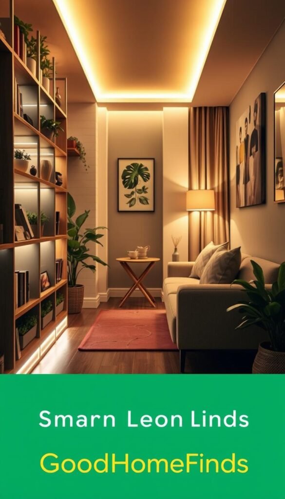 A cozy interior scene featuring smart light strips accenting a small living space. In the foreground, soft, glowing LED light strips highlight the edges of a modern bookshelf filled with plants and decorative items. In the middle, a stylish and compact sofa is illuminated by subtle warm light, complementing its neutral-toned cushions. The background showcases a well-designed corner with a small round table and an elegant lamp casting a gentle glow, enhancing the intimate atmosphere. The overall lighting is warm, creating a welcoming mood, while the perspective emphasizes the clever use of space. The image embodies a balanced combination of contemporary design and functionality, reflecting the brand "GoodHomeFinds."
