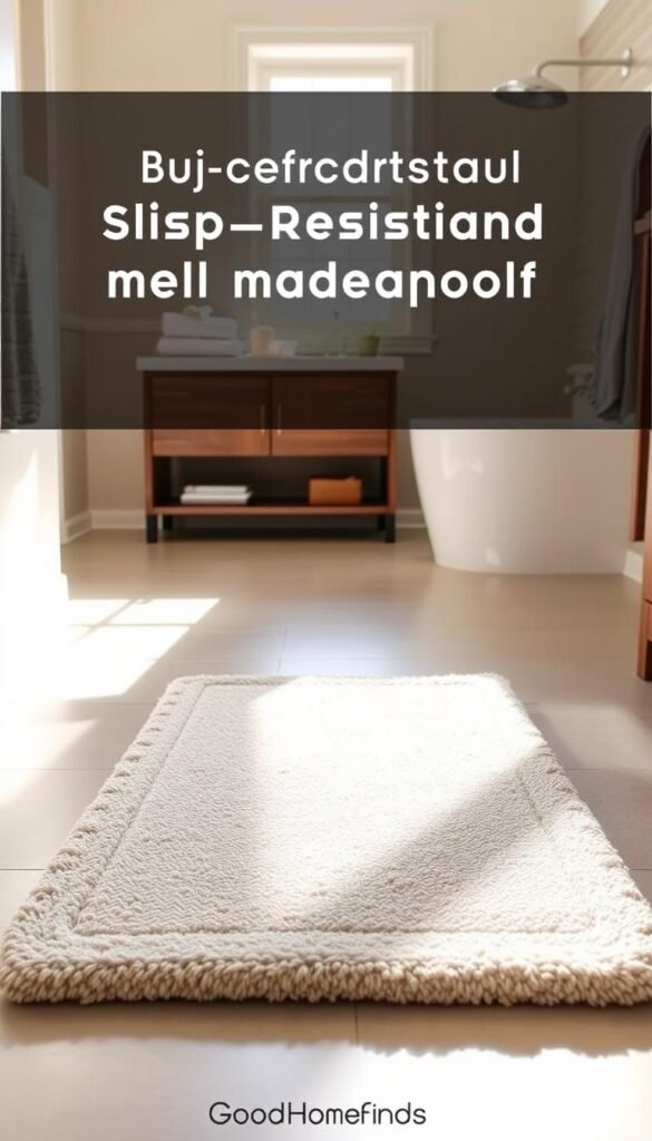 A cozy, inviting bathroom scene featuring a slip-resistant bath mat from the brand "GoodHomeFinds". In the foreground, a soft, textured mat with a neutral color palette is laid out on a sleek tiled floor, showcasing its slip-resistant surface. The middle ground includes a neatly arranged countertop with bath essentials like neatly folded towels and a stylish soap dispenser, creating a clean and organized atmosphere. The background reveals a softly lit window allowing natural light to filter in, casting gentle shadows that enhance the serene mood. The overall ambiance is warm and inviting, perfect for highlighting comfort and safety in a rental bathroom setting. The image captures a Pinterest-style lifestyle aesthetic without any text, providing a visually appealing representation of practical bathroom solutions. A cozy, inviting bathroom scene featuring a slip-resistant bath mat from the brand "GoodHomeFinds". In the foreground, a soft, textured mat with a neutral color palette is laid out on a sleek tiled floor, showcasing its slip-resistant surface. The middle ground includes a neatly arranged countertop with bath essentials like neatly folded towels and a stylish soap dispenser, creating a clean and organized atmosphere. The background reveals a softly lit window allowing natural light to filter in, casting gentle shadows that enhance the serene mood. The overall ambiance is warm and inviting, perfect for highlighting comfort and safety in a rental bathroom setting. The image captures a Pinterest-style lifestyle aesthetic without any text, providing a visually appealing representation of practical bathroom solutions.