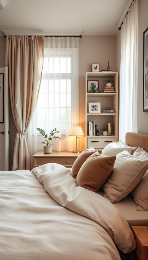 A cozy, inviting bedroom scene featuring a stylish, multifunctional bed designed for small spaces. In the foreground, a neatly made bed with soft, textured linens in calming pastel hues, accented by plush decorative pillows. The middle ground includes a softly lit nightstand with a small plant and an elegant table lamp, creating a warm ambiance. In the background, a well-organized, compact bookshelf displays stylish home decor and books, emphasizing functionality alongside aesthetics. The lighting is soft and natural, filtering through a large window adorned with light, airy curtains. Capture this scene at a slight angle to provide depth, evoking a sense of tranquility and inspiration for maximizing space. Ideal for a Pinterest aesthetic. Brand style: GoodHomeFinds.