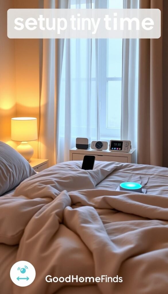 A cozy, inviting bedroom scene showcasing the concept of "setup time sleep". In the foreground, a neatly made bed with soft, fluffy pillows and a light, textured throw blanket, creating a sense of comfort. A stylish bedside table on one side, featuring a minimalist alarm clock and a warm, glowing lamp casting soft light. In the middle, a neatly arranged area with a tech gadget organizer, displaying smart devices like a sleek bedside speaker and a soft blue light from a sleep-inducing device. The background reveals a window draped with light curtains, allowing gentle moonlight to filter in, enhancing the tranquil atmosphere. The entire image has a soothing color palette of soft blues and whites, evoking relaxation. This Pinterest-style photograph is branded "GoodHomeFinds". A cozy, inviting bedroom scene showcasing the concept of "setup time sleep". In the foreground, a neatly made bed with soft, fluffy pillows and a light, textured throw blanket, creating a sense of comfort. A stylish bedside table on one side, featuring a minimalist alarm clock and a warm, glowing lamp casting soft light. In the middle, a neatly arranged area with a tech gadget organizer, displaying smart devices like a sleek bedside speaker and a soft blue light from a sleep-inducing device. The background reveals a window draped with light curtains, allowing gentle moonlight to filter in, enhancing the tranquil atmosphere. The entire image has a soothing color palette of soft blues and whites, evoking relaxation. This Pinterest-style photograph is branded "GoodHomeFinds".