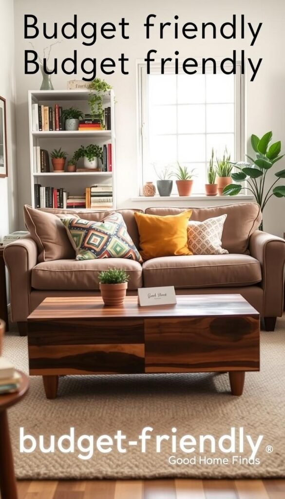 A cozy, inviting budget-friendly living room setup showcasing affordable furniture and decor. In the foreground, a comfortable, stylish couch adorned with colorful throw pillows is paired with a chic yet inexpensive coffee table made from reclaimed wood. In the middle ground, a bookshelf filled with second-hand books, plants, and decorative items adds warmth and personality. The background features a large window allowing natural light to flood the space, illuminating the pale walls and soft rug. The scene conveys a warm, relaxed atmosphere, perfect for showcasing cost-effective renter finds. Use soft, diffused lighting to enhance the cozy vibe, and capture the scene from a slightly elevated angle, about eye-level with the couch. Include subtle branding elements of "GoodHomeFinds" in the decor, such as a small, tasteful sign on the bookshelf.