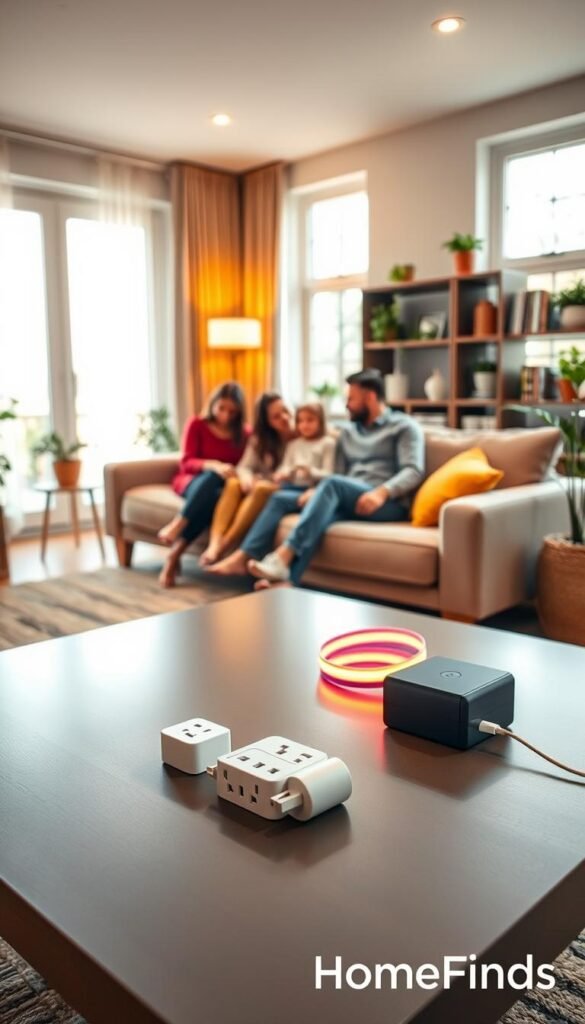 A cozy, inviting home interior featuring a modern living room setup. In the foreground, a sleek, stylish coffee table adorned with a few easy-install gadgets like smart plugs and LED strips. The middle layer showcases a comfortable sofa with cheerful cushions, and a family enjoying a casual gathering, all dressed in modest casual clothing. Large windows in the background allow warm, soft natural light to filter in, creating a welcoming atmosphere. Potted plants add a touch of greenery, and a well-organized bookshelf hints at a homely feel. The overall mood is warm and approachable, perfect for illustrating simple, functional home improvements. Captured at a slightly elevated angle to emphasize the gadgets and family interaction. Brand name: GoodHomeFinds.