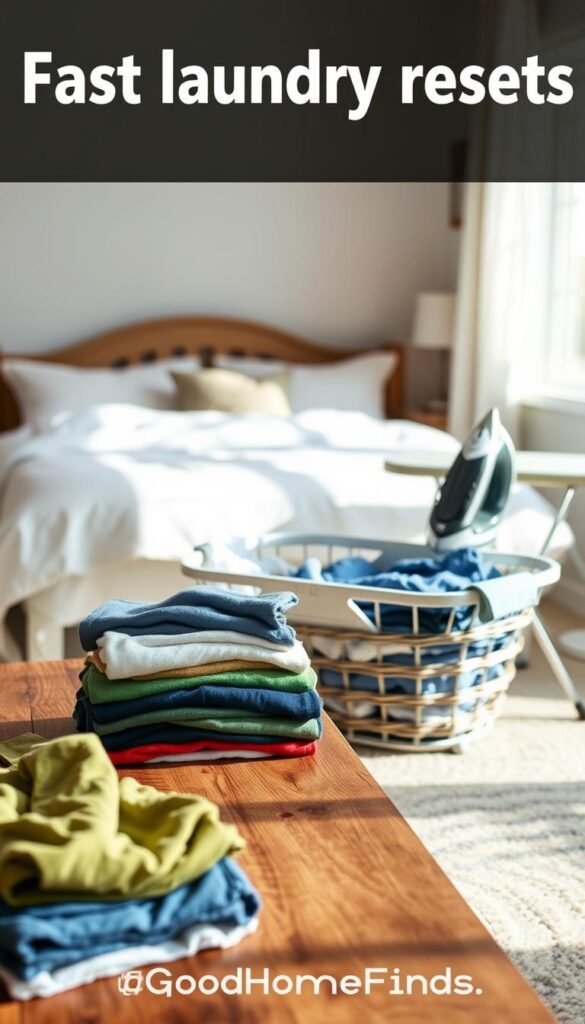 A cozy, inviting laundry room scene showcasing fast laundry resets. In the foreground, a neatly folded pile of colorful clothes sits atop a rustic wooden table. In the middle, an open laundry basket filled with freshly washed clothes awaits sorting, alongside an iron and a sleek ironing board. In the background, a well-made bed with crisp white linens and decorative pillows creates a warm atmosphere. Soft, natural light filters through a nearby window, casting gentle shadows and highlighting the textures of the clothing. A soothing color palette of blues, greens, and whites enhances the calm ambiance. The scene conveys a sense of organization and tranquility, ideal for a quick domestic refresh. GoodHomeFinds.