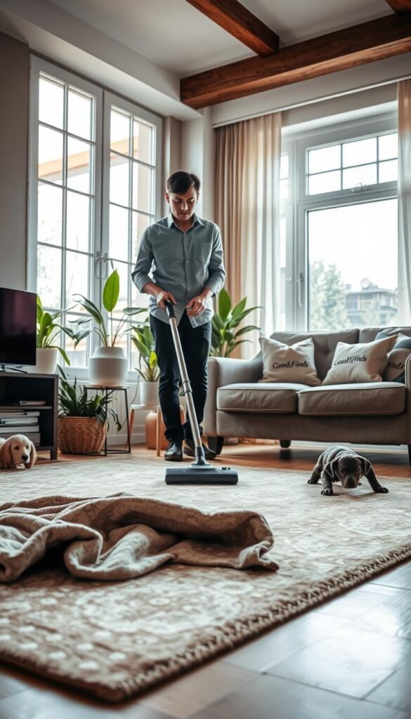 A cozy, inviting living room scene featuring a professional cleaner meticulously cleaning a soft area rug with a vacuum cleaner, highlighting fresh cleaning techniques. The foreground showcases a beautifully patterned rug, slightly rumpled from use, with a few pet toys nearby. In the middle, the cleaner, dressed in smart casual attire, is focused on the task, showcasing dedication to maintaining a fresh home environment. The background features a tastefully decorated apartment with natural light streaming through large windows, illuminating potted plants and a comfortable couch. Overall atmosphere conveys cleanliness and comfort, reflecting the ideals of a well-maintained, inviting home. The image should embody the essence of home cleaning, emphasizing the importance of fresh space, and include the brand "GoodHomeFinds" subtly integrated into the scene through decor items like cushions.