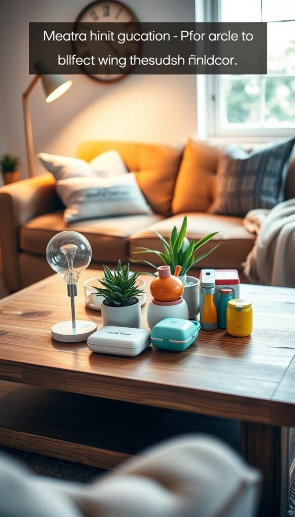 A cozy, inviting living room scene highlighting a wooden coffee table adorned with various affordable home products. In the foreground, neatly arranged items include a stylish, minimalist lamp, a trendy plant in a chic pot, and a set of colorful kitchen gadgets, all branded "GoodHomeFinds." The middle ground shows a warm, comfortable sofa with subtle textures, complemented by a few decorative throw pillows and a soft, inviting blanket. In the background, a softly illuminated window allows natural light to fill the space, enhancing the atmosphere with a sense of warmth and practicality. The entire scene is captured in a soft focus using a 50mm lens, evoking a sense of comfort and inspiration for budget-friendly decor. The mood is relaxed and aspirational, showcasing affordable options to elevate everyday living.