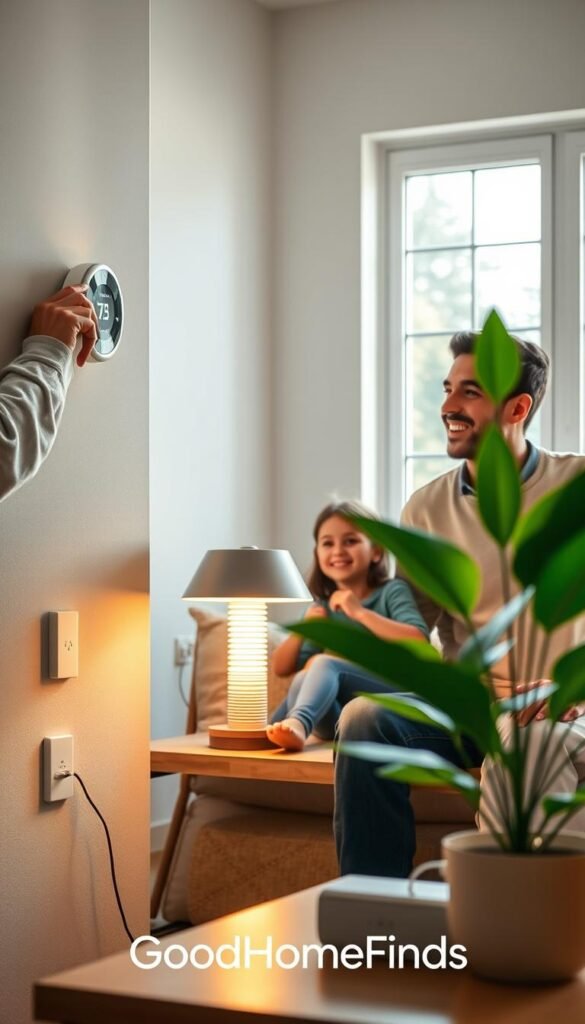 A cozy, inviting living room scene showcasing a family happily engaging with their energy-efficient gadgets. In the foreground, a smiling parent adjusts a modern smart thermostat on the wall, dressed in comfortable, casual clothing. The middle ground features a sleek, energy-efficient lamp casting warm, soft light over the space, while a smart power strip sits stylishly on the side table. In the background, large windows allow natural sunlight to flood in, highlighting a green, thriving houseplant that symbolizes sustainability. The atmosphere is cheerful and warm, with a focus on the tangible benefits of energy savings in daily life. Highlight the brand name "GoodHomeFinds" subtly woven into the scene's decor. The overall composition is bright and uplifting, evoking a sense of comfort and efficiency.