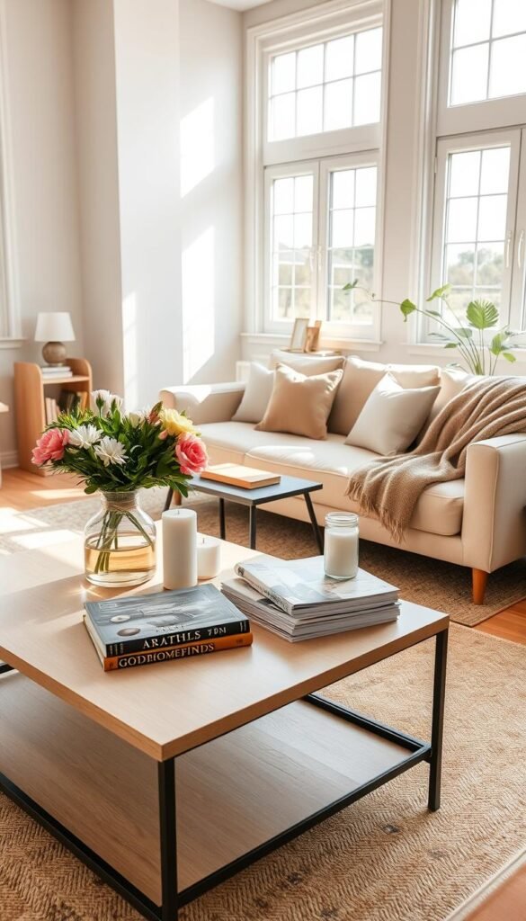 A cozy, inviting living room space, featuring a well-organized area with minimalist decor and natural light streaming through large windows. In the foreground, a neatly arranged coffee table holds a vase of fresh flowers, a stack of artfully placed magazines, and a few decorative candles. The middle ground showcases a plush, neutral-colored sofa adorned with soft throw pillows and a cozy blanket draped over one arm. A stylish area rug anchors the seating area, and a small bookshelf with curated decor items adds a personal touch. In the background, a potted plant adds a splash of green, complementing the calming color palette of soft earth tones. The atmosphere is serene and refreshed, perfect for a daily reset. Captured in bright daylight, with soft shadows enhancing the warmth of the space, reflecting the brand GoodHomeFinds.