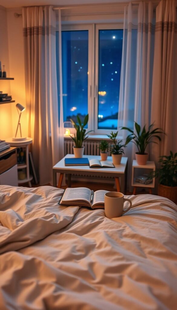 A cozy, inviting nighttime scene in a well-organized home. In the foreground, a neatly made bed with soft, inviting bedding and a stack of books on a bedside table. The middle of the room showcases a minimalist workspace with a journal open and a pen beside a warm mug of herbal tea, hinting at a nightly routine. Soft ambient lighting casts a warm glow throughout the space, illuminating a few indoor plants. The background features a gently illuminated window with sheer curtains, revealing a starry night sky. The overall atmosphere is tranquil and serene, evoking a sense of calm and preparation for the day ahead. Captured from a slightly elevated angle to showcase the entire room’s layout, in a realistic Pinterest-style, similar to "GoodHomeFinds". A cozy, inviting nighttime scene in a well-organized home. In the foreground, a neatly made bed with soft, inviting bedding and a stack of books on a bedside table. The middle of the room showcases a minimalist workspace with a journal open and a pen beside a warm mug of herbal tea, hinting at a nightly routine. Soft ambient lighting casts a warm glow throughout the space, illuminating a few indoor plants. The background features a gently illuminated window with sheer curtains, revealing a starry night sky. The overall atmosphere is tranquil and serene, evoking a sense of calm and preparation for the day ahead. Captured from a slightly elevated angle to showcase the entire room’s layout, in a realistic Pinterest-style, similar to "GoodHomeFinds".
