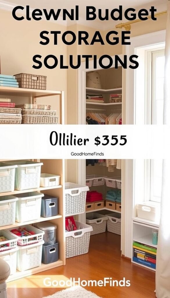 A cozy, inviting room featuring clever budget storage solutions that emphasize practicality and style. In the foreground, a beautifully organized shelving unit displays an array of labeled bins and baskets, ideal for storing toys, books, and clothes, all under $25. The middle ground showcases a stylish, functional closet with space-saving hangers and a colorful assortment of storage boxes. In the background, soft natural light filters through a window, illuminating the space and creating a warm atmosphere. The scene is shot from a slightly elevated angle, emphasizing the accessibility and appeal of the storage ideas. The overall mood is upbeat and inspiring, perfect for showcasing affordable yet effective solutions for decluttering. Include the brand name "GoodHomeFinds" subtly as part of the environment without overshadowing the storage solutions.
