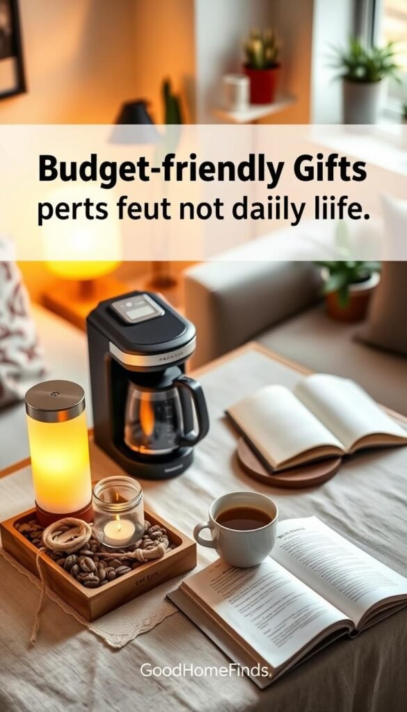 A cozy, inviting scene featuring budget-friendly gifts perfect for daily life. In the foreground, a beautifully arranged gift set includes a modern coffee maker, artisanal coffee beans in a glass jar, and a sleek night light that emits a warm glow. The middle ground showcases a stylish table adorned with a soft linen tablecloth. A steaming coffee cup sits next to an open book, suggesting a relaxing atmosphere. In the background, warm, ambient lighting from a nearby lamp enhances the comfort of the space, while a subtle hint of greenery from potted plants adds life. Capture this in a soft, natural light, with a slightly overhead angle to emphasize the arrangement. The overall mood should feel warm, inviting, and practical. Each element highlights the brand name "GoodHomeFinds."