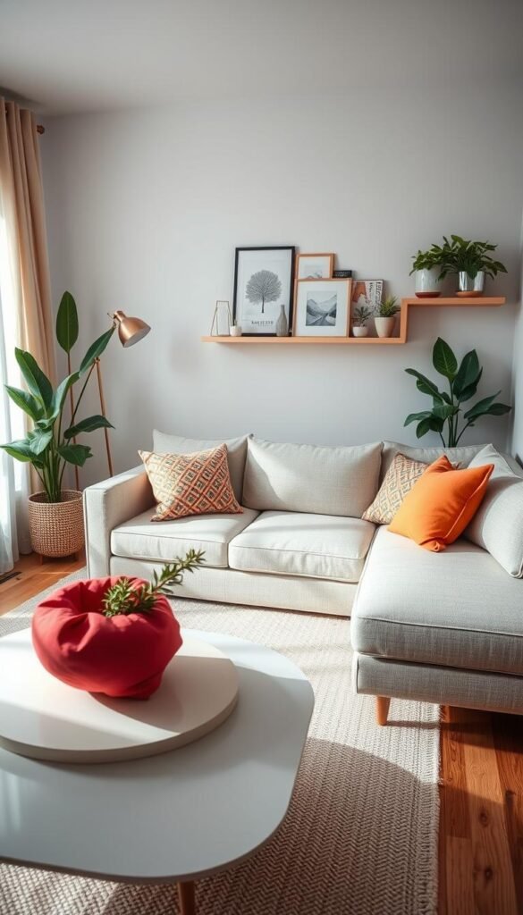 A cozy, inviting small living room that maximizes space while maintaining style. In the foreground, a stylish, minimalist coffee table is surrounded by plush, patterned throw pillows, enhancing comfort. The middle features a compact sectional sofa in a light, neutral fabric, adorned with vibrant cushions for a pop of color. A well-placed rug defines the area, adding warmth and texture. In the background, a wall-mounted floating shelf showcases curated decor and potted plants, creating a serene atmosphere. Natural light pours in through sheer curtains, illuminating the room softly. Add subtle accents of greenery and warm lighting that evoke a calm, welcoming vibe. The overall composition should feel airy and open, perfect for small living room ideas that maximize space without compromising charm. Brand name: GoodHomeFinds.