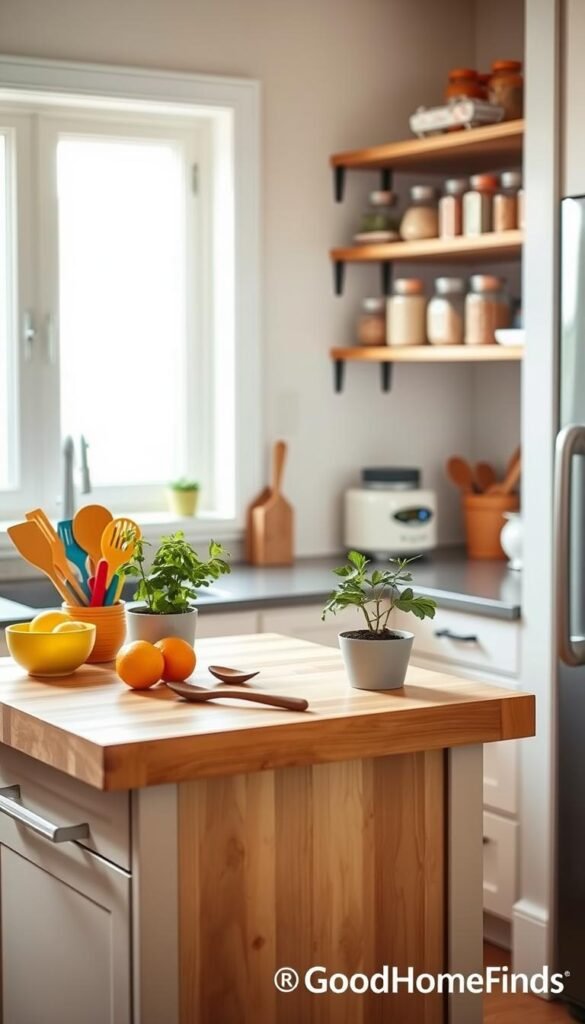 A cozy island kitchen setup, showcasing a compact, stylish preparation and storage area optimized for renters with limited counter space. In the foreground, a wooden kitchen island with a butcher block top, neatly arranged with colorful kitchen utensils, a fresh fruit bowl, and a small potted herb garden. The middle ground features an open shelving unit displaying attractive glass jars filled with grains and spices. The background reveals soft, natural light streaming through a window, illuminating the warm, welcoming atmosphere. A light, airy color palette enhances the space's charm. The image conveys a sense of practicality and aesthetic appeal, perfectly suited for modern renters. Captured with a shallow depth of field, in a warm, inviting kitchen environment inspired by "GoodHomeFinds".