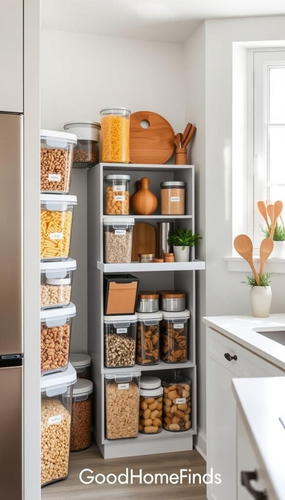A cozy kitchen corner featuring an organized small-space food storage area. In the foreground, sleek, stackable clear containers filled with colorful dry goods like pasta, cereals, and snacks, neatly labeled for easy identification. The middle showcases a compact pull-out pantry or shelving unit, adorned with attractive jars and canisters, harmoniously arranged with space-saving kitchen tools. A wooden cutting board and some fresh herbs add a touch of warmth. In the background, soft natural light filters through a window, casting gentle shadows and creating a welcoming atmosphere. The scene has a minimalist aesthetic, with a color palette of soft whites and earthy tones, embodying the essence of practical yet stylish organization. Capture this lifestyle image in a Pinterest-inspired style, showcasing the brand GoodHomeFinds.