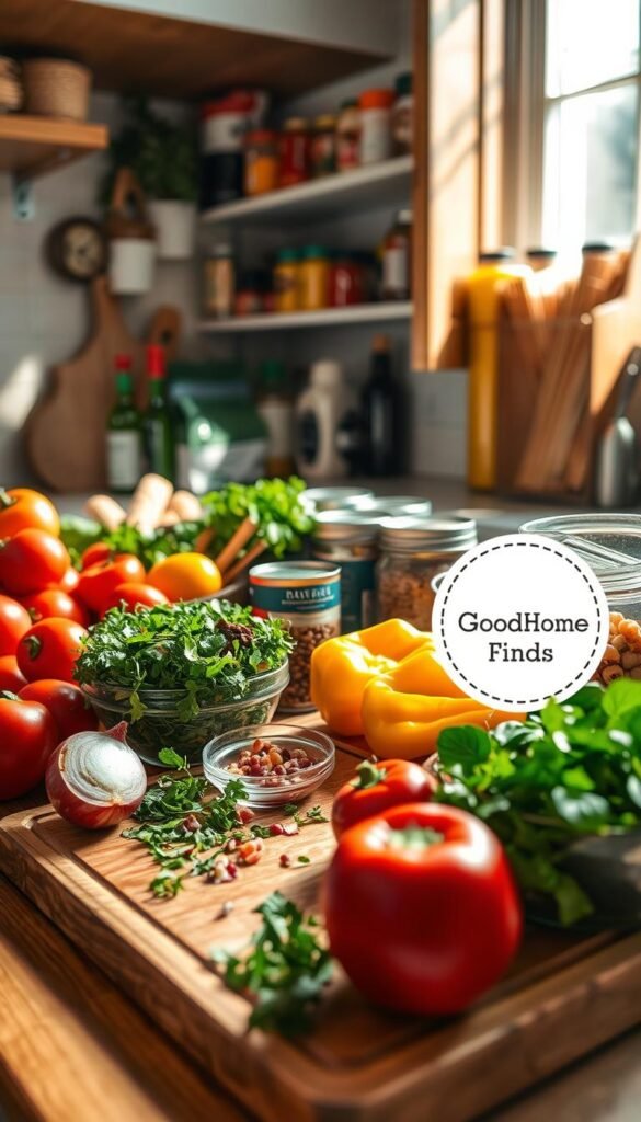 A cozy kitchen countertop filled with fresh and colorful quick meal ingredients, including ripe tomatoes, bell peppers, canned beans, and pasta. Foreground features a wooden cutting board with chopped herbs and a bright red onion, while a bowl of mixed greens adds a touch of freshness. In the middle ground, an open pantry door reveals jars of spices, olive oil, and other staples neatly arranged. Natural sunlight streams in through a window, creating soft shadows and highlighting the vibrant colors of the ingredients. The mood is inviting and warm, emphasizing a sense of ease and creativity in cooking. Perfect for a lifestyle photo that radiates the joy of quick meal preparation. GoodHomeFinds logo subtly integrated into the design, ensuring a Pinterest-style aesthetic.