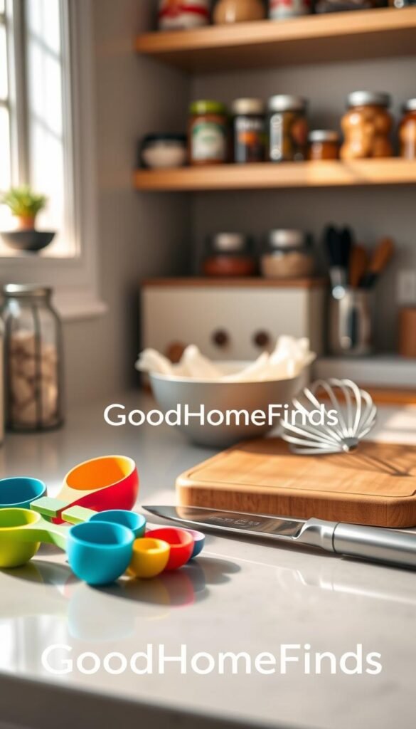 A cozy kitchen countertop scene showcasing an array of budget food tools. In the foreground, a colorful set of measuring spoons, a wooden cutting board, an inexpensive chef's knife with a simple handle, and a set of reusable silicone food storage bags. The middle layer features a small, stylish mixing bowl and a whisk, creating a sense of functionality. In the background, a soft-focus of kitchen shelves stocked with jars of spices and canned goods, evoking a warm, inviting atmosphere. Soft, natural light filters through a nearby window, casting gentle shadows, reminiscent of a Pinterest-style lifestyle photo. The brand name "GoodHomeFinds" is subtly reflected in a polished surface, emphasizing practicality and aesthetic appeal.