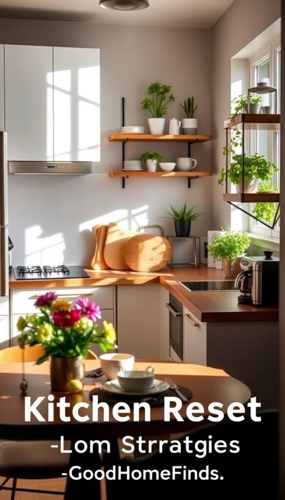 A cozy kitchen in a small apartment, featuring a modern layout with white cabinets, a sleek wooden countertop, and open shelving displaying neatly arranged dishware and plants. In the foreground, a stylish breakfast nook with a small table set for two, adorned with fresh flowers and morning light streaming through a window. The middle ground shows a well-organized countertop with a coffee maker, a cutting board, and a colorful fruit bowl, creating an inviting atmosphere. The background captures a subtle glimpse of kitchen appliances and a vibrant green herb garden on the windowsill. Soft, natural lighting enhances the warm and refreshing mood, evoking a sense of tranquility. This Pinterest-style lifestyle photo captures the essence of effective kitchen reset strategies. GoodHomeFinds. A cozy kitchen in a small apartment, featuring a modern layout with white cabinets, a sleek wooden countertop, and open shelving displaying neatly arranged dishware and plants. In the foreground, a stylish breakfast nook with a small table set for two, adorned with fresh flowers and morning light streaming through a window. The middle ground shows a well-organized countertop with a coffee maker, a cutting board, and a colorful fruit bowl, creating an inviting atmosphere. The background captures a subtle glimpse of kitchen appliances and a vibrant green herb garden on the windowsill. Soft, natural lighting enhances the warm and refreshing mood, evoking a sense of tranquility. This Pinterest-style lifestyle photo captures the essence of effective kitchen reset strategies. GoodHomeFinds.