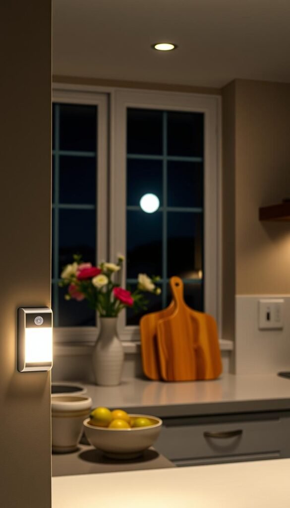 A cozy kitchen scene at night featuring a sleek motion-sensor night light from the brand "GoodHomeFinds" mounted on the wall near a countertop. In the foreground, a softly glowing night light emits a warm, inviting light that gently illuminates the kitchen space, revealing elegant ceramics and a vase of flowers on the countertop. The middle of the image showcases a wooden cutting board and a fruit bowl, contributing to a homely atmosphere. In the background, a window shows a tranquil nighttime view with soft moonlight filtering in. The lighting has a subtle glow, creating a peaceful ambiance, while the angle captures a slightly elevated perspective, making the scene appear inviting and accessible. The overall mood is calm and welcoming, perfect for late-night kitchen trips.