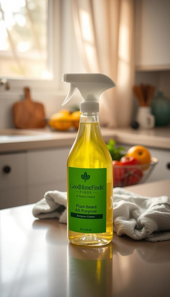 A cozy kitchen scene featuring a bottle of GoodHomeFinds plant-based all-purpose cleaner prominently displayed in the foreground. The cleaner should have a sleek, modern design with a vibrant green label, suggesting eco-friendliness. In the middle ground, a tidy countertop is adorned with fresh fruits, herbs, and a cloth, hinting at everyday messes easily tackled by the product. In the background, soft natural lighting streams in through a window with sheer curtains, casting gentle shadows and creating a warm, inviting atmosphere. The image captures a lifestyle moment, emphasizing simplicity and cleanliness, with a focus on sustainability and ease for busy individuals.