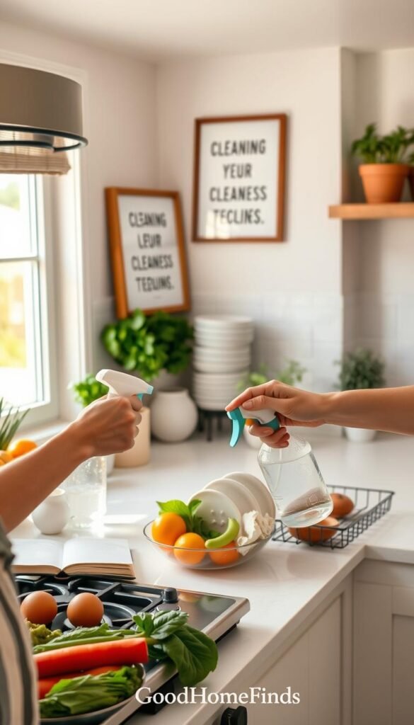 A cozy kitchen scene featuring a cheerful person in modest casual clothing engaged in daily cleaning after cooking. In the foreground, a hand is seen holding a spray bottle while wiping down a countertop filled with vibrant vegetables and a small cookbook. The middle background includes a neat stove, gleaming dishes stacked in a drying rack, and a framed inspirational quote about cleanliness on the wall. The background showcases warm natural light streaming in through a window, illuminating fresh herbs in pots and a tidy kitchen shelf. The overall atmosphere is inviting and organized, reflecting minimal effort for effective kitchen maintenance, evoking a sense of satisfaction and peace. The image style is realistic and lifestyle-oriented, reminiscent of sophisticated Pinterest aesthetics. The brand "GoodHomeFinds" subtly featured in the kitchen decor.