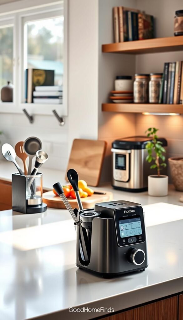 A cozy kitchen scene featuring a modern countertop, showcasing a selection of innovative kitchen gadgets that maximize space. In the foreground, a stylish countertop organizer holds utensils, measuring cups, and a sleek blender. The middle section reveals an elegant cutting board with fresh ingredients, while a multi-functional appliance stands proudly beside a decorative potted herb. In the background, softly lit shelves display cookbooks and artisanal jars, creating an inviting atmosphere. The scene is illuminated by natural light streaming in through a window, casting gentle shadows and enhancing textures. The mood is warm and welcoming, ideal for home chefs. This realistic lifestyle photo embodies practicality and aesthetic charm, branded with "GoodHomeFinds."