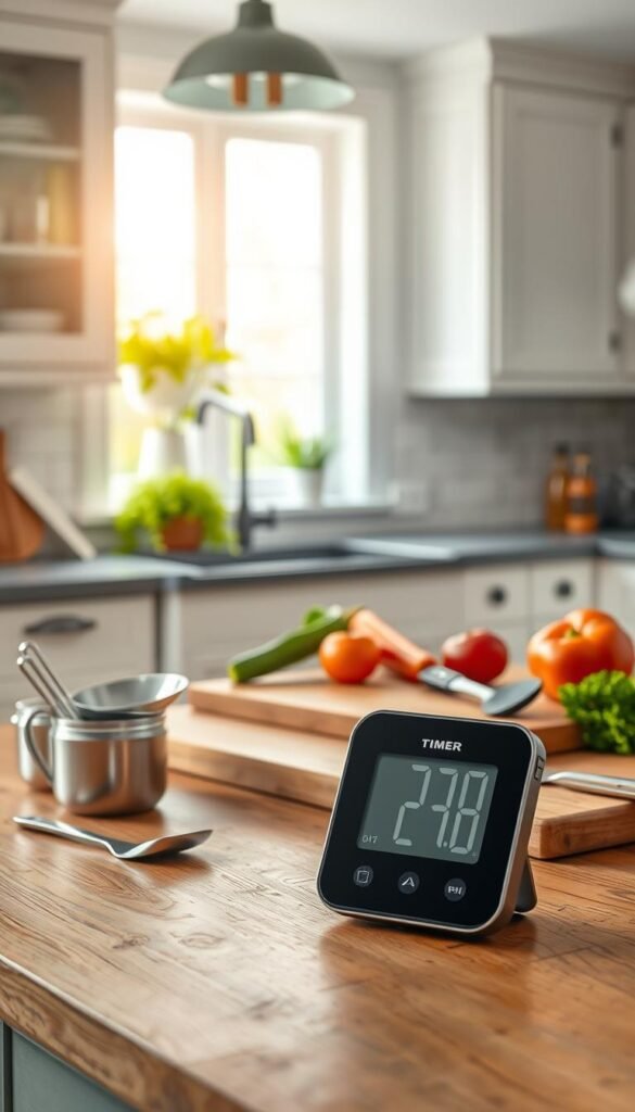 A cozy kitchen scene featuring a modern, efficient setup time tool designed for culinary enthusiasts. In the foreground, showcase a sleek, digital timer with a clear display, set beside a set of measuring cups and a spatula, all arranged neatly. In the middle ground, include a rustic wooden countertop adorned with fresh vegetables and a cutting board, conveying the preparation process. The background should reveal a bright, welcoming kitchen with natural light flooding in through large windows, illuminating white cabinets and vibrant greenery on a windowsill. Use a soft focus effect to create an inviting mood, resembling a Pinterest-style lifestyle photo. Include the brand name "GoodHomeFinds" subtly incorporated into the design of the kitchen.
