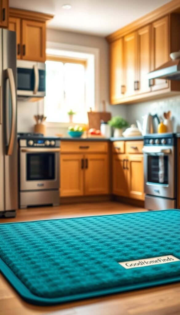 A cozy kitchen scene featuring an anti-fatigue kitchen mat branded "GoodHomeFinds." In the foreground, the mat is vividly textured with a soft, cushioned surface, showcasing its ergonomic design in a modern, inviting color like deep teal or warm earthy tones. In the middle ground, there are stainless steel kitchen appliances and a well-organized countertop with fresh fruits, cooking utensils, and a kettle. The background includes warm wooden cabinets and a window allowing natural sunlight to stream in, creating a bright and cheerful atmosphere. The image has a soft focus, with a slight bokeh effect on the background, emphasizing the mat's comfort and practicality. The overall mood is welcoming and stylish, illustrating an ideal home environment. A cozy kitchen scene featuring an anti-fatigue kitchen mat branded "GoodHomeFinds." In the foreground, the mat is vividly textured with a soft, cushioned surface, showcasing its ergonomic design in a modern, inviting color like deep teal or warm earthy tones. In the middle ground, there are stainless steel kitchen appliances and a well-organized countertop with fresh fruits, cooking utensils, and a kettle. The background includes warm wooden cabinets and a window allowing natural sunlight to stream in, creating a bright and cheerful atmosphere. The image has a soft focus, with a slight bokeh effect on the background, emphasizing the mat's comfort and practicality. The overall mood is welcoming and stylish, illustrating an ideal home environment.