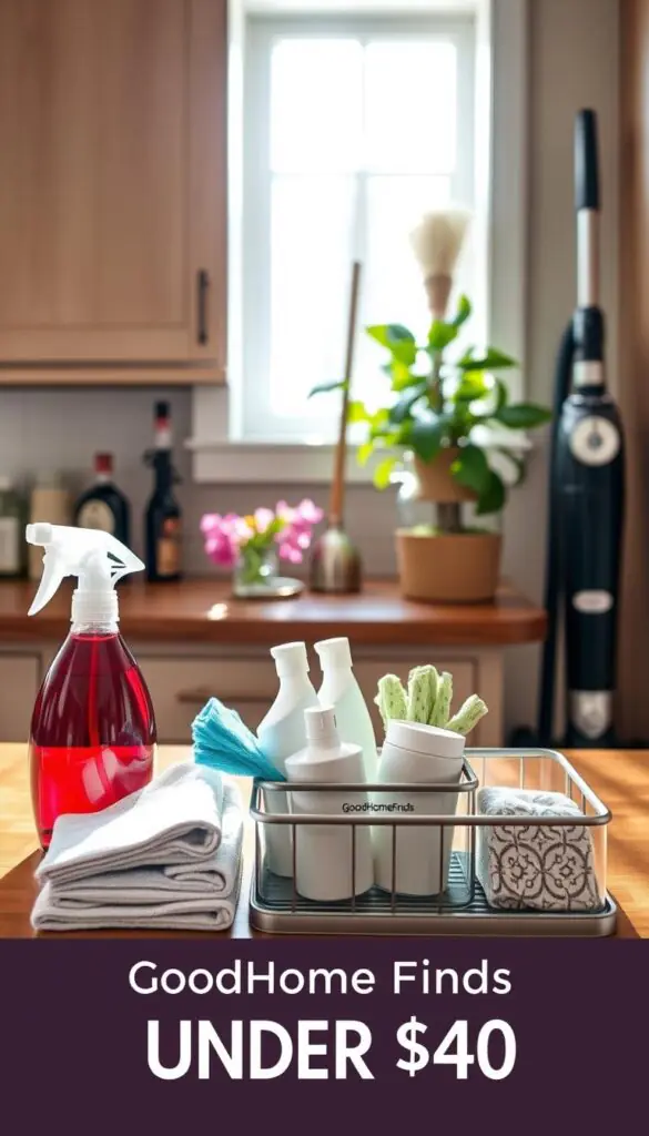 A cozy kitchen scene featuring an array of practical cleaning tools and organizational items under $50, arranged on a wooden countertop. In the foreground, a stylish spray bottle, microfiber cloths, and a decorative caddy filled with cleaning supplies stand out. In the middle, a vibrant potted plant and a modern broom lean against a cabinet, complemented by a sleek vacuum cleaner tucked neatly into a corner. The background showcases sunlight streaming through a window, creating a warm, inviting atmosphere. The image should have a soft, bright lighting effect, resembling a Pinterest-worthy lifestyle photo, evoking a sense of effortless cleanliness and organization. Incorporate subtle branding of "GoodHomeFinds" on the cleaning tools for a polished look.