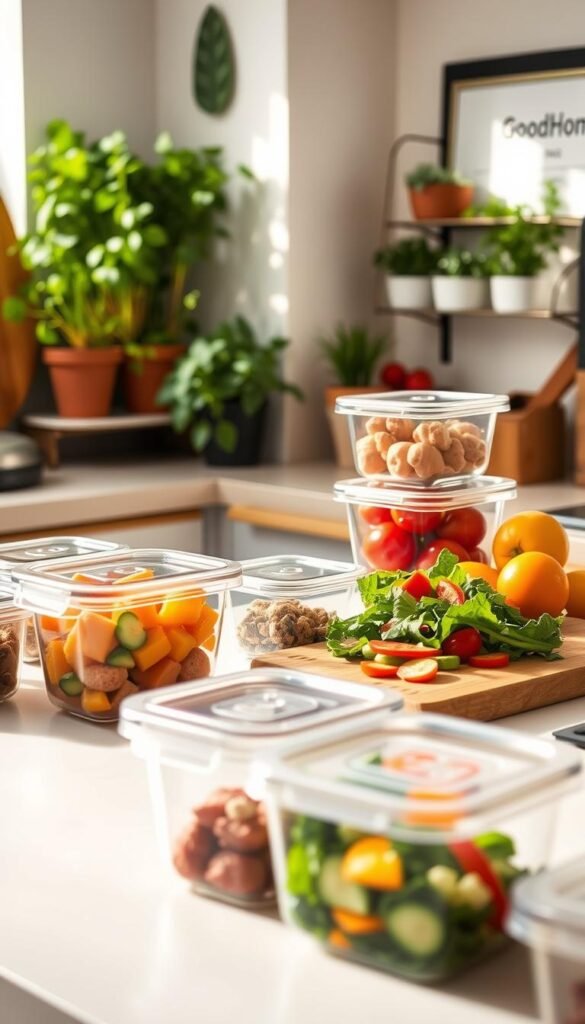 A cozy kitchen scene focused on practical food storage solutions to reduce food waste. In the foreground, a well-organized countertop displays a variety of clear, reusable containers filled with vibrant, fresh produce like fruits and vegetables, demonstrating eco-friendly storage methods. In the middle, a wooden cutting board holds leftovers and a vibrant salad, showcasing creative meal prep ideas. The background features a warm, inviting kitchen with natural light streaming through a window, highlighting herbs in pots and a "GoodHomeFinds" branded storage rack on the wall. The atmosphere is bright and cheerful, reflecting a commitment to sustainability and smart cooking. Shot from a slightly angled perspective to create depth, with soft focus on the background for an inviting lifestyle aesthetic. A cozy kitchen scene focused on practical food storage solutions to reduce food waste. In the foreground, a well-organized countertop displays a variety of clear, reusable containers filled with vibrant, fresh produce like fruits and vegetables, demonstrating eco-friendly storage methods. In the middle, a wooden cutting board holds leftovers and a vibrant salad, showcasing creative meal prep ideas. The background features a warm, inviting kitchen with natural light streaming through a window, highlighting herbs in pots and a "GoodHomeFinds" branded storage rack on the wall. The atmosphere is bright and cheerful, reflecting a commitment to sustainability and smart cooking. Shot from a slightly angled perspective to create depth, with soft focus on the background for an inviting lifestyle aesthetic.