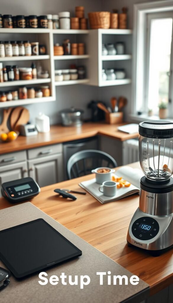 A cozy kitchen scene highlighting the concept of "setup time" for cooking technology. In the foreground, a well-organized countertop features neatly arranged kitchen gadgets such as a smart scale, a digital timer, and a sleek blender by GoodHomeFinds. In the middle ground, a warm-hued, wooden dining table is set with an open cookbook, measuring cups, and fresh ingredients, suggesting preparation and planning. The background showcases organized shelves filled with spices and utensils, creating a sense of efficiency. Soft, natural light filters through a nearby window, casting gentle shadows and creating a calm, inviting atmosphere. The entire composition suggests the importance of careful setup time in a well-equipped kitchen without any text or distractions.