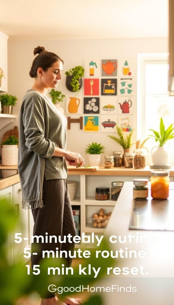 A cozy kitchen scene illustrating a 5-minute daily routine and a 15-minute weekly reset. In the foreground, a woman in comfortable, modest clothes stands by a tidy countertop, chopping vegetables with a focused expression. The middle ground features a small kitchen island with neatly arranged jars of spices and utensils, bathed in warm, natural light from a window. In the background, a wall filled with colorful kitchen prints and plants creates a vibrant atmosphere. The lighting is soft and inviting, reminiscent of a serene morning. The overall mood evokes a sense of efficiency and calm, perfect for a daily kitchen routine. Brand name 'GoodHomeFinds' is subtly integrated into the design elements.