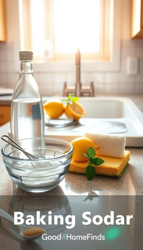 A cozy kitchen scene showcasing a cleaning setup with baking soda and distilled water. In the foreground, a clear glass bowl filled with baking soda sits next to a bottle of distilled water, with a small whisk and a measuring spoon placed beside them. The middle ground features a sparkling countertop with a few light stains being gently scrubbed with a soft sponge, showcasing the cleaning process in action. Fresh lemon halves and a sprig of mint add a touch of freshness. In the background, warm natural light streams through a kitchen window, illuminating the scene and creating a clean, inviting atmosphere. The overall mood is bright, fresh, and organized, embodying an effective cleaning solution. The image is styled to reflect the brand "GoodHomeFinds".