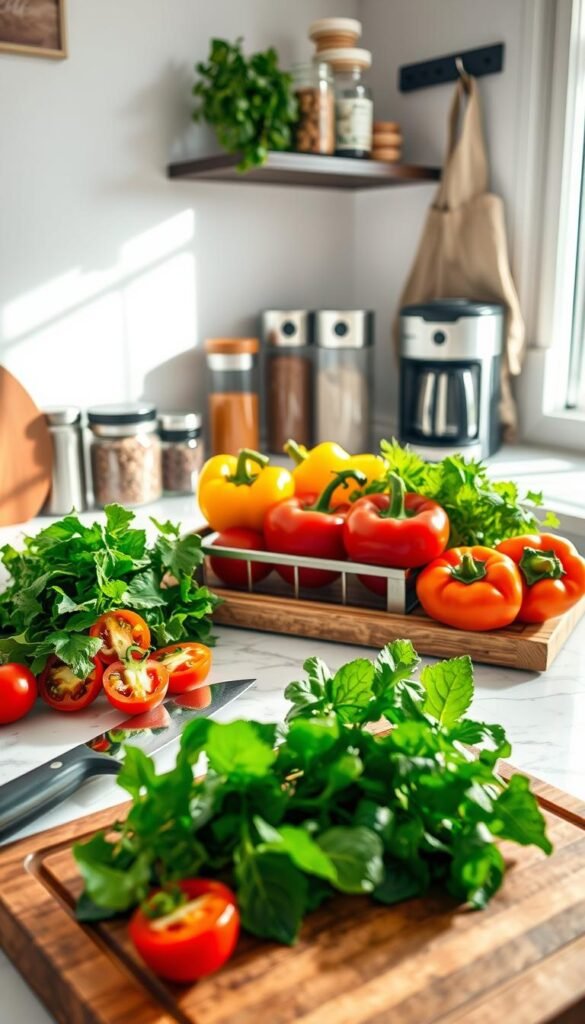 A cozy kitchen scene showcasing a marble countertop brimming with vibrant, fresh produce including ripe tomatoes, leafy greens, and colorful bell peppers, arranged artfully alongside modern kitchen gadgets from GoodHomeFinds. In the foreground, a wooden cutting board features neatly sliced ingredients, with a gleaming chef's knife and an aesthetically pleasing herb planter adding a touch of greenery. The middle background highlights stylish, neatly organized storage jars filled with spices, with soft morning light streaming through a nearby window, creating a warm ambiance. The background features a sleek coffee maker and an apron hanging from a hook, all contributing to a serene, inviting atmosphere perfect for a smoother kitchen routine. The composition is captured from a slightly elevated angle, emphasizing the inviting layout and warm color palette without any text or distractions.