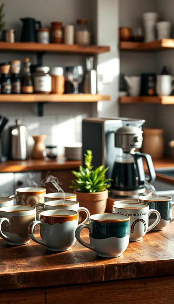 A cozy kitchen scene showcasing a stylish selection of coffee cups on a rustic wooden countertop. In the foreground, an array of beautifully designed ceramic coffee cups in various colors and patterns, each revealing steam rising to emphasize freshly brewed coffee. The middle layer features a sleek, modern coffee maker with brass accents beside a small potted plant, creating a warm, inviting atmosphere. The background includes softly blurred shelves filled with coffee-related gadgets and kitchen accessories, bathed in soft, natural light filtering through a nearby window. The mood is tranquil and homey, ideal for a Pinterest-style lifestyle photo, conveying the comfort of daily coffee rituals. Capture this moment for "GoodHomeFinds."