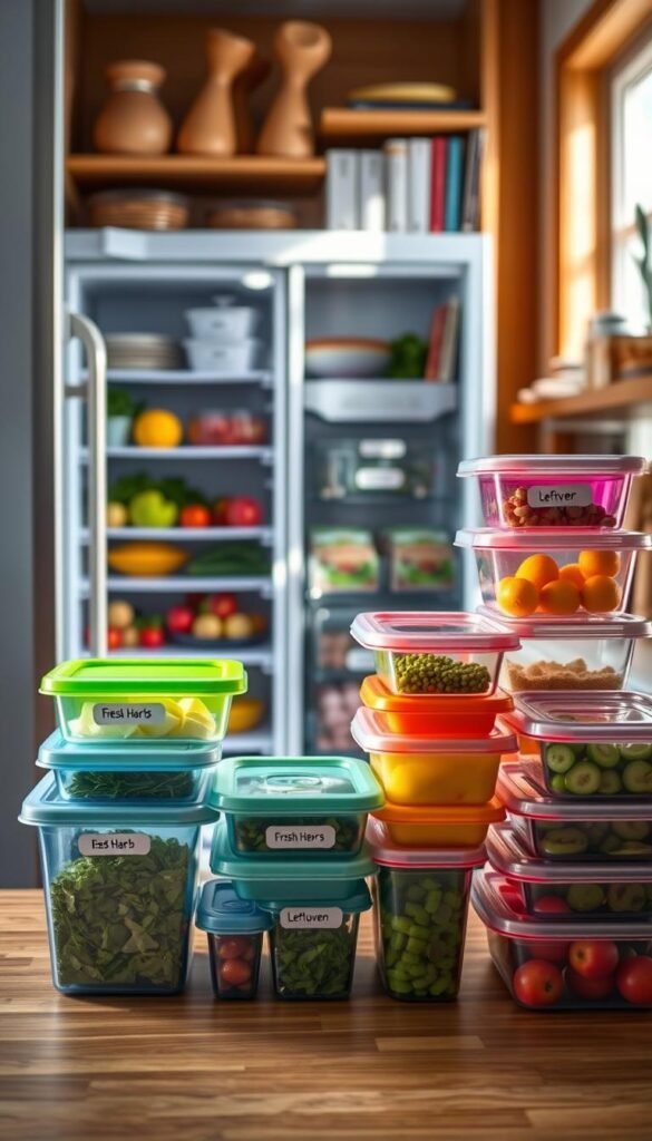 A cozy kitchen scene showcasing smart food storage solutions with vibrant food containers neatly stacked in a modern fridge. In the foreground, a variety of colorful, transparent food storage containers, labeled with fresh herbs and leftovers, arranged efficiently. The middle ground features an organized refrigerator filled with wholesome food choices, including fruits, vegetables, and leftovers, all perfectly visible. The background reveals a stylish kitchen with wooden shelves displaying kitchen utensils and cookbooks. Soft natural lighting from a window creates a warm atmosphere, enhancing the inviting, organized feel of the space. The overall mood is practical yet aesthetic, promoting smart food storage. Capture this in a realistic, Pinterest-style lifestyle photo, inspired by "GoodHomeFinds." A cozy kitchen scene showcasing smart food storage solutions with vibrant food containers neatly stacked in a modern fridge. In the foreground, a variety of colorful, transparent food storage containers, labeled with fresh herbs and leftovers, arranged efficiently. The middle ground features an organized refrigerator filled with wholesome food choices, including fruits, vegetables, and leftovers, all perfectly visible. The background reveals a stylish kitchen with wooden shelves displaying kitchen utensils and cookbooks. Soft natural lighting from a window creates a warm atmosphere, enhancing the inviting, organized feel of the space. The overall mood is practical yet aesthetic, promoting smart food storage. Capture this in a realistic, Pinterest-style lifestyle photo, inspired by "GoodHomeFinds."