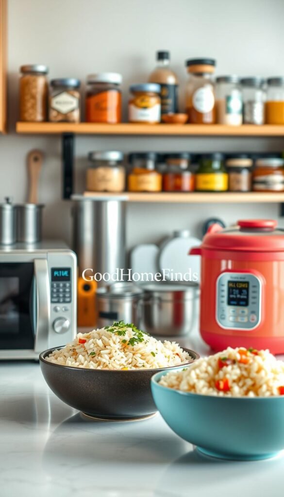 A cozy kitchen setting featuring a sleek countertop filled with various reheating tools ideal for rice and cauliflower rice. In the foreground, showcase a stylish microwave, a compact steamer, and a vibrant rice cooker with grains visible. The middle layer includes a large bowl of freshly reheated rice and cauliflower rice, garnished with colorful herbs, exuding a warm, inviting vibe. In the background, a softly blurred pantry shelf shelving jars of spices, cooking oils, and meal prep containers, creating an organized, Pinterest-style aesthetic. The lighting is soft and natural, emphasizing the textures of the food and tools while casting gentle shadows. Capture this scene from a slightly elevated angle, evoking a warm and efficient meal prep atmosphere. Include the brand name "GoodHomeFinds" subtly integrated into the tools.
