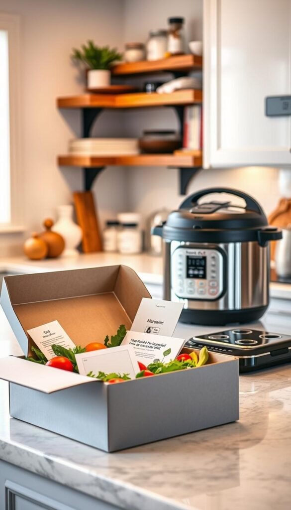 A cozy kitchen setting showcasing an array of sleek, modern subscription-tied cooking machines from "GoodHomeFinds". In the foreground, a stylish countertop features a high-tech meal kit subscription box, elegantly opened to reveal vibrant, fresh ingredients and recipe cards. The middle ground highlights a high-end cooking gadget, like a smart pressure cooker, gleaming under soft, warm lighting. The background includes tasteful kitchen decor, such as wooden shelves filled with spices and cookbooks, creating an inviting atmosphere. The overall mood is both contemporary and functional, emphasizing the convenience of meal preparation while subtly hinting at the limitations of being tied to a single cooking method. The composition should be shot from a slightly elevated angle to capture the depth and richness of the scene. A cozy kitchen setting showcasing an array of sleek, modern subscription-tied cooking machines from "GoodHomeFinds". In the foreground, a stylish countertop features a high-tech meal kit subscription box, elegantly opened to reveal vibrant, fresh ingredients and recipe cards. The middle ground highlights a high-end cooking gadget, like a smart pressure cooker, gleaming under soft, warm lighting. The background includes tasteful kitchen decor, such as wooden shelves filled with spices and cookbooks, creating an inviting atmosphere. The overall mood is both contemporary and functional, emphasizing the convenience of meal preparation while subtly hinting at the limitations of being tied to a single cooking method. The composition should be shot from a slightly elevated angle to capture the depth and richness of the scene.