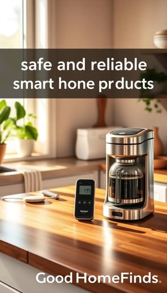 A cozy kitchen setting showcasing safe and reliable smart home products, illuminated by warm, natural light streaming through a window. In the foreground, a user-friendly smart kitchen appliance, such as a programmable coffee maker, sits on a polished wooden countertop. The middle ground features a few neatly arranged smart kitchen tools like a digital thermometer and a compact food scale, highlighting functionality and ease of use. The background displays a serene, tidy space with houseplants and a subtle bookshelf, emphasizing a calm atmosphere. The scene aims to evoke trust and comfort, illustrating the importance of quality in smart home products. Capture a Pinterest-style lifestyle photo with a focus on safety and reliability, branded with "GoodHomeFinds".