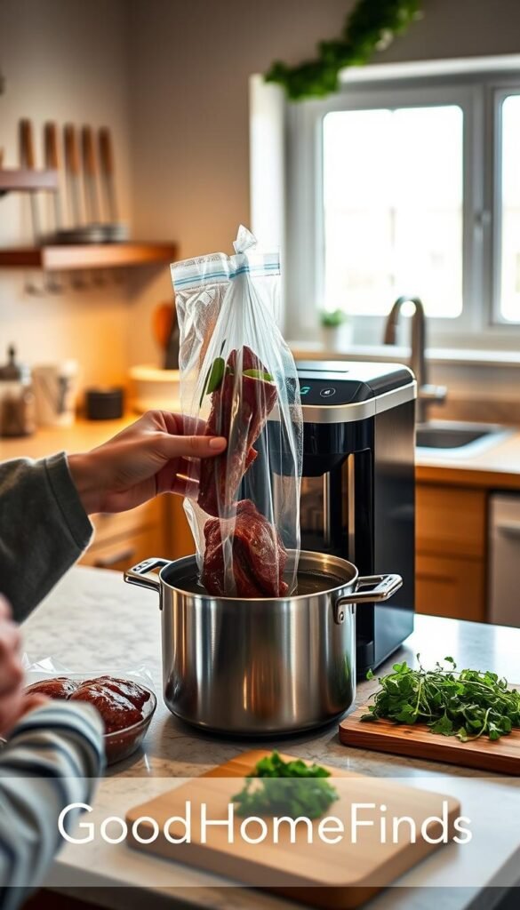 A cozy kitchen setting with a sleek, modern sous vide machine placed on a countertop, surrounded by vacuum-sealed bags of marinated meat and vegetables. In the foreground, a pair of hands gently lower a bag into a pot filled with water, showcasing the practical use of sous vide cooking. The middle ground features a well-lit kitchen with warm, inviting lighting illuminating minimalist utensils and a cutting board with fresh herbs. In the background, a window allows soft natural light to filter in, enhancing the atmosphere. The scene conveys a sense of innovation and accessibility in home cooking, with the branding "GoodHomeFinds" subtly integrated into the kitchen decor, evoking a Pinterest-style lifestyle photo.