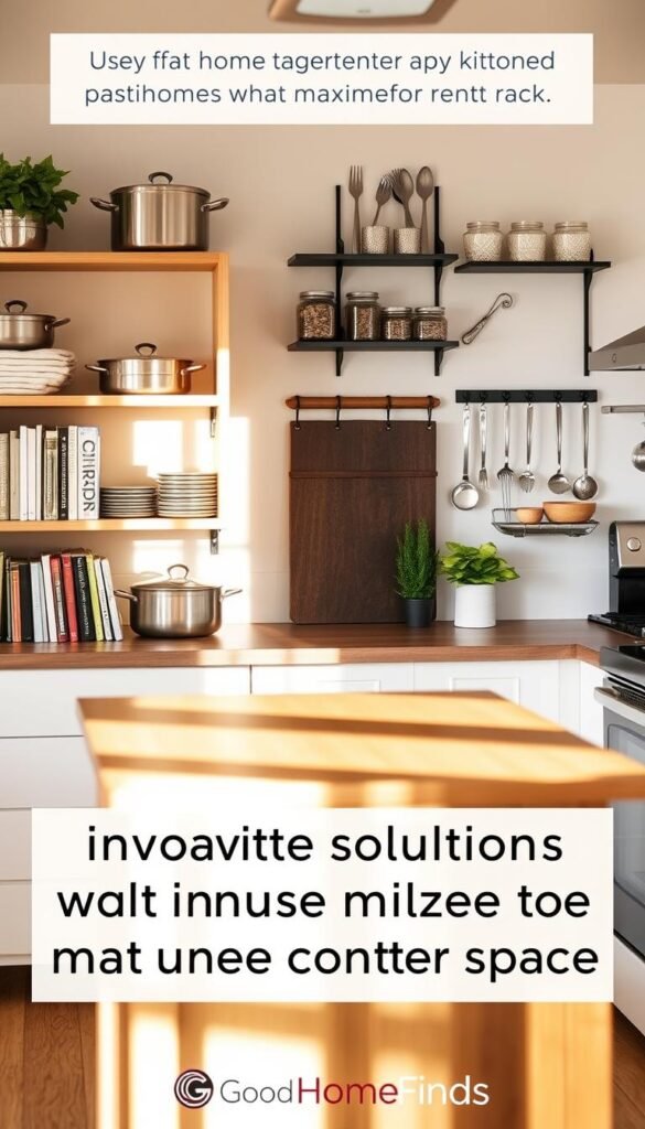 A cozy kitchen storage space, showcasing innovative solutions that maximize counter space. In the foreground, a stylish wooden kitchen island with open shelving, filled with neatly organized pots, pans, and cookbooks, bathed in warm, natural light. The middle ground features sleek wall-mounted storage racks holding utensils and decorative jars, alongside a small potted herb garden for a touch of greenery. In the background, a light-colored backsplash and modern appliances create a fresh atmosphere. The image captures a serene, inviting mood, perfect for renters seeking efficient kitchen organization. Use a soft focus lens effect to enhance warmth and intimacy. This lifestyle photo is branded with "GoodHomeFinds", emphasizing smart and aesthetic home solutions.
