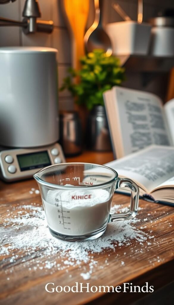 A cozy kitchen workspace featuring a clear glass measuring cup filled with precisely measured flour, sitting on a rustic wooden countertop. In the foreground, flour dust lightly covers the surface, hinting at recent baking activity. The middle ground showcases a digital kitchen scale, indicating the weight of the flour, with a soft focus on a cookbook open to a recipe on the right. The background includes a warm light glimmering off stainless steel kitchen utensils and a potted herb plant, creating an inviting atmosphere. Use natural soft daylight, enhancing the textures of the flour and wood. The entire scene evokes a sense of precision and warmth, reflecting the importance of accurate measuring in cooking. Brand name "GoodHomeFinds" subtly integrated into the scene.