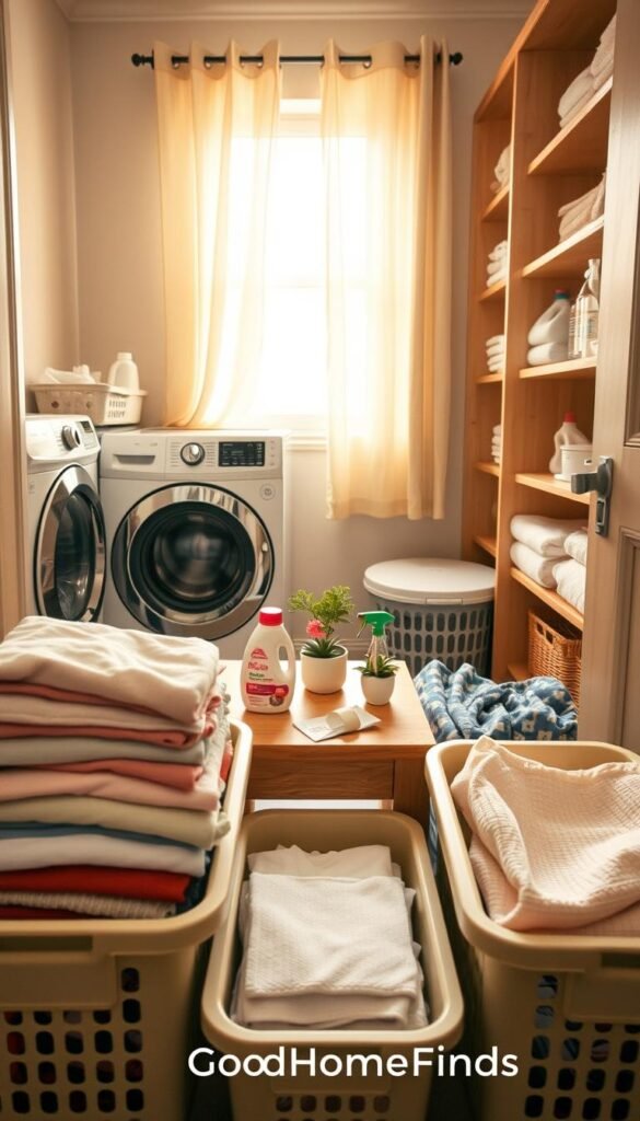 A cozy laundry area in a well-organized corner of a home, showcasing a modern washing machine and dryer. The foreground features neatly stacked, colorful laundry baskets filled with freshly folded clothes. In the middle, there&rsquo;s a bifold wooden table covered with fabric softeners, a laundry guide, and a small potted plant for a touch of greenery. The background is softly illuminated by warm, natural light coming through a window adorned with sheer curtains, creating a welcoming atmosphere. Light wood shelving holds neatly arranged cleaning supplies and towels, emphasizing easy maintenance. The overall mood is inviting, practical, and family-oriented. The scene embodies the essence of "GoodHomeFinds," illustrating effortless laundry routines.