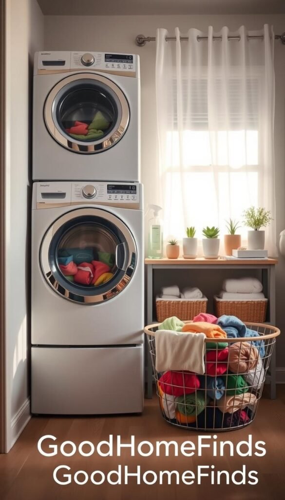 A cozy laundry area set in a corner of a modern home, featuring a white front-loading washing machine and dryer stacked on one another. In the foreground, a stylish laundry basket filled with colorful clothes. The middle ground showcases a neatly organized shelf with cleaning supplies in decorative jars, small potted plants for a touch of greenery, and freshly folded towels. In the background, soft natural light streams in through a window with white sheer curtains, casting a warm glow, while the light wood floors add an inviting touch. The atmosphere is calm and functional, reflecting a Pinterest-style lifestyle. The image is branded with "GoodHomeFinds" subtly represented in the setting, with no text or overlays.