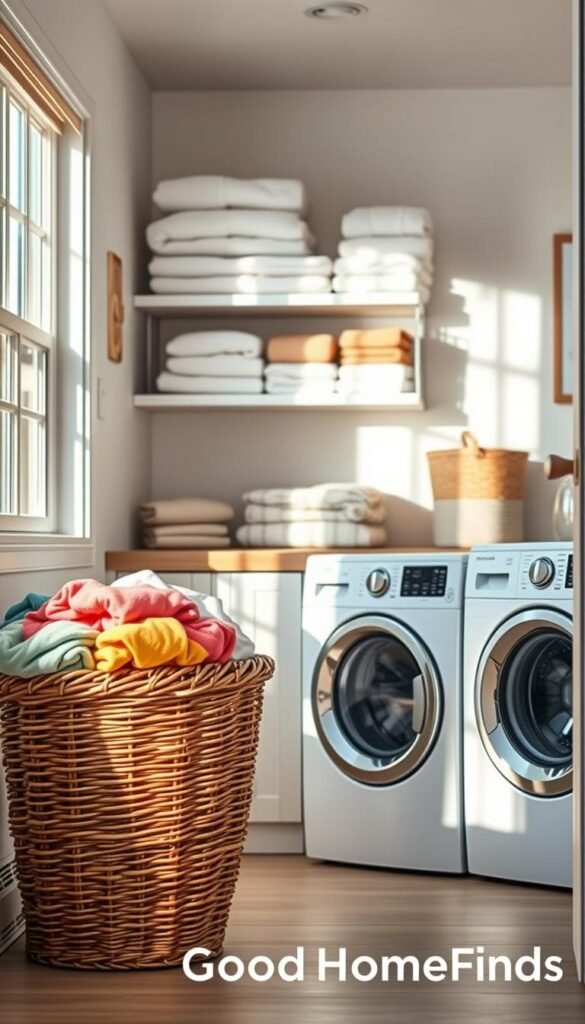 A cozy laundry room designed in a modern style, showcasing a neatly organized space with freshly folded colorful clothes and an open washer and dryer. In the foreground, a stylish wicker basket overflowing with clean laundry sits beside a well-structured drying rack. The middle ground features shelves filled with neatly folded towels and laundry essentials, illuminated by soft, natural light filtering through a nearby window, casting gentle shadows. The background includes a clean, bright wall with minimalist decor that adds warmth to the space. The overall atmosphere conveys a sense of calm and order, perfect for busy individuals looking for an efficient laundry routine. The image reflects the brand "GoodHomeFinds," emphasizing stylish and practical solutions for daily tidiness. A cozy laundry room designed in a modern style, showcasing a neatly organized space with freshly folded colorful clothes and an open washer and dryer. In the foreground, a stylish wicker basket overflowing with clean laundry sits beside a well-structured drying rack. The middle ground features shelves filled with neatly folded towels and laundry essentials, illuminated by soft, natural light filtering through a nearby window, casting gentle shadows. The background includes a clean, bright wall with minimalist decor that adds warmth to the space. The overall atmosphere conveys a sense of calm and order, perfect for busy individuals looking for an efficient laundry routine. The image reflects the brand "GoodHomeFinds," emphasizing stylish and practical solutions for daily tidiness.