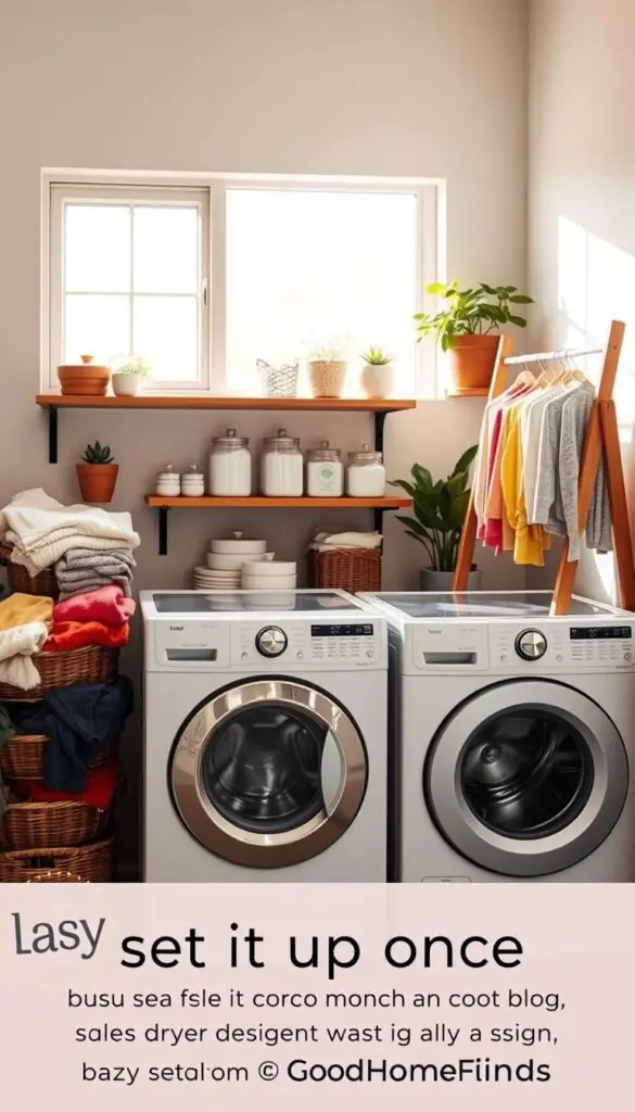 A cozy laundry room with a bright, modern aesthetic. In the foreground, a neatly organized washer and dryer are surrounded by baskets filled with colorful clothes, ready to be washed. A stylish shelf in the middle displays eco-friendly detergent and softeners in glass containers. The background features a large window letting in soft, natural light, illuminating the space with a warm glow. A wooden drying rack stands against the wall, holding freshly laundered garments. The atmosphere feels inviting and serene, with potted plants adding a touch of greenery. The image captures a &ldquo;set it up once&rdquo; system that showcases efficient, lazy cleaning methods. Design elements should reflect the style of "GoodHomeFinds."