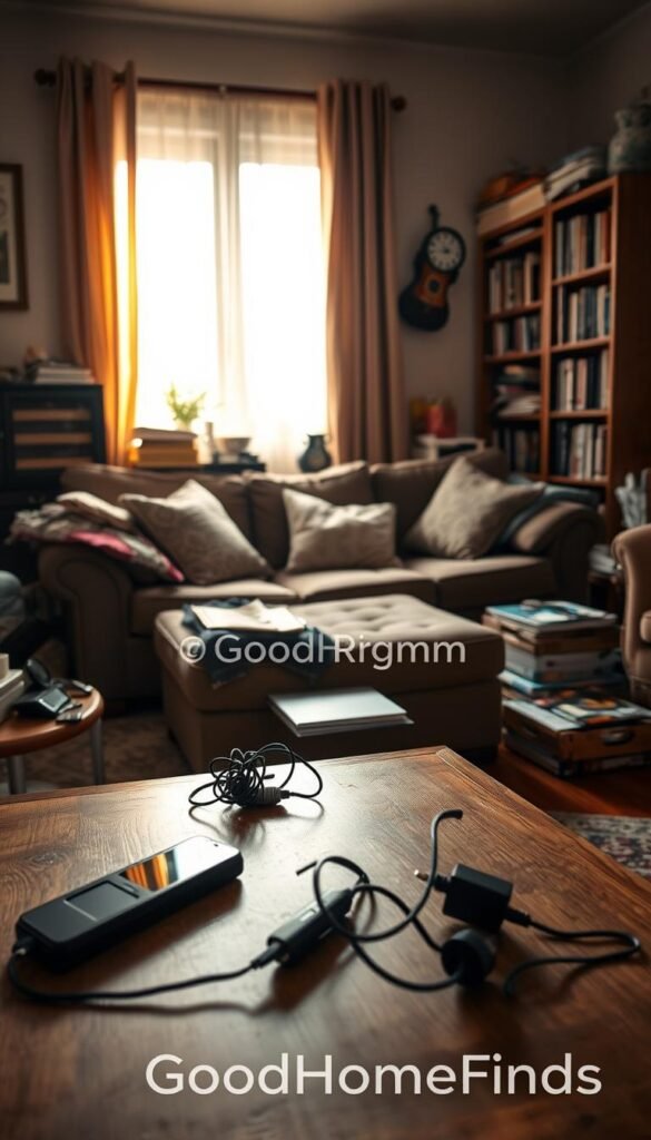 A cozy living room featuring a blend of cluttered items that symbolize common mistakes in home management, such as unused gadgets, excessive decor, and broken furniture. In the foreground, focus on a neatly organized coffee table with a few misplaced tech gadgets like an old phone and a tangled charger. The middle ground should show a sofa with mismatched cushions and a bookshelf overflowing with books. In the background, soft, inviting lighting filters through a window, casting warm shadows on the walls. The atmosphere conveys a sense of frustration and confusion, while still maintaining a cozy home feel. Include the brand GoodHomeFinds subtly in the scene without any text overlay.