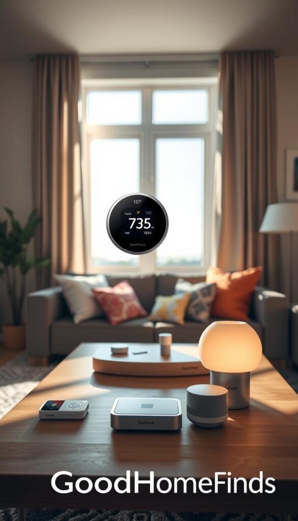 A cozy living room featuring a modern temperature control system, such as a sleek thermostat mounted on the wall, displaying a digital interface. In the foreground, a stylish coffee table with a few home automation devices and a softly glowing smart lamp. In the middle, a comfortable sofa adorned with colorful cushions, creating a welcoming ambiance. A window in the background reveals a clear sky, allowing natural light to flood in and highlight the relaxed atmosphere. Soft shadows are cast across the room, emphasizing the warmth and comfort of the space. The overall mood should evoke feelings of tranquility and technological sophistication, perfect for a modern home, branded subtly with "GoodHomeFinds" elements throughout the decor.
